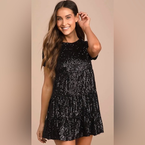 NWT Lulu’s Short Sleeve Taking a Shine Black Sequin Tiered Babydoll Mini Dress - Picture 1 of 11